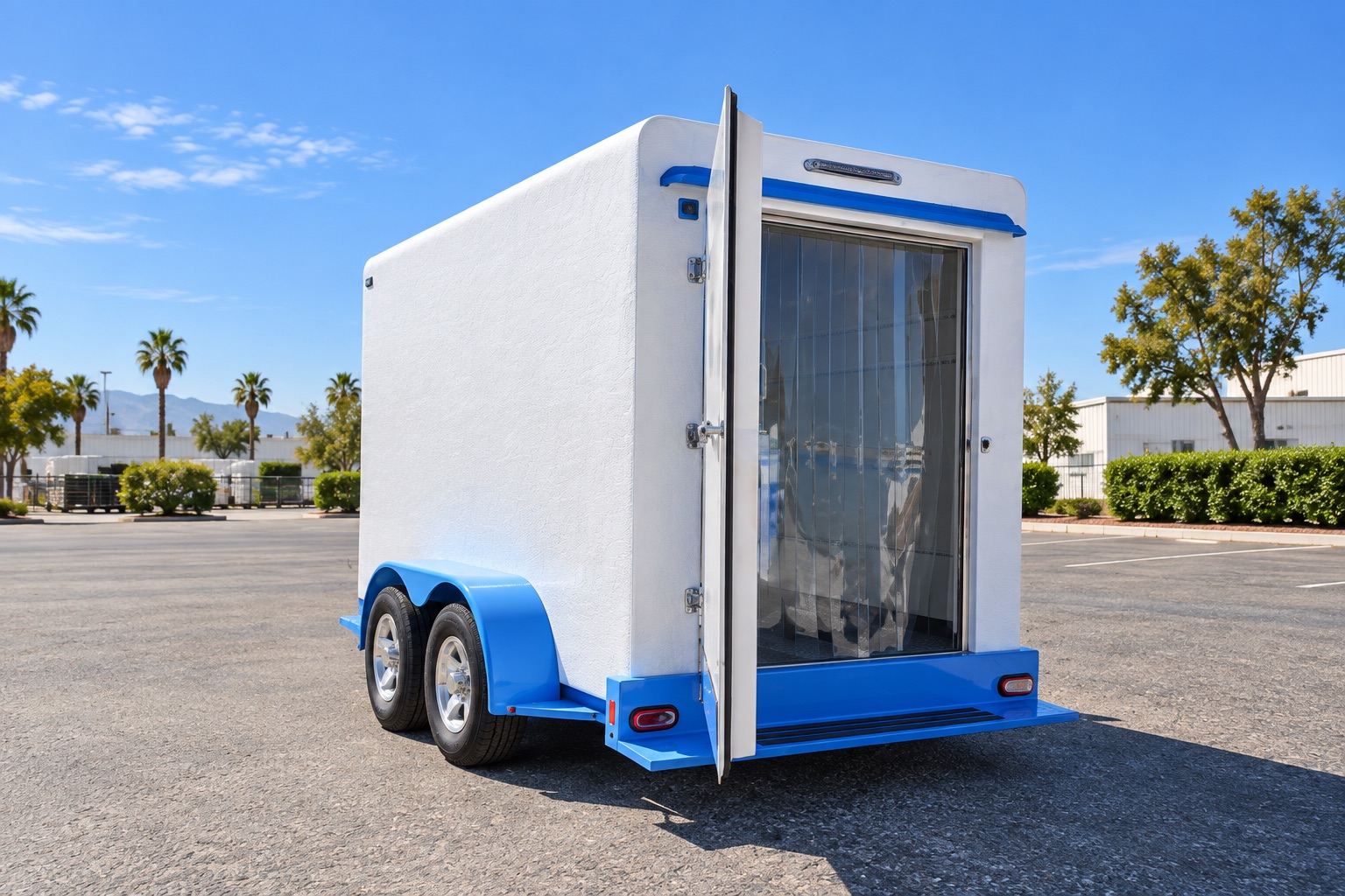 Rear entrance of a refrigerated trailer with an open door and clear cold-storage strip curtain